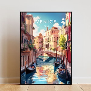 May include: A vintage travel poster featuring a colorful illustration of a canal in Venice, Italy. The poster features gondolas on the water, a bridge, and buildings along the canal. The text "VENICE ITALY" is printed on the poster.
