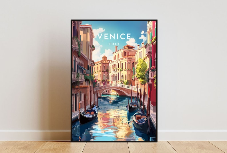 May include: A vintage travel poster featuring a colorful illustration of a canal in Venice, Italy. The poster features gondolas on the water, a bridge, and buildings along the canal. The text "VENICE ITALY" is printed on the poster.