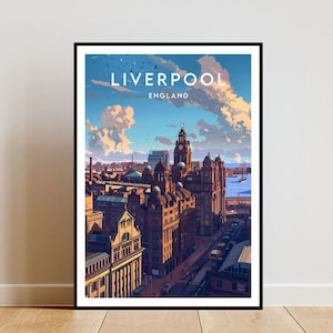 May include: Framed art print featuring a stylized illustration of Liverpool, England. The artwork depicts a cityscape with prominent buildings, a clock tower, and the text "LIVERPOOL ENGLAND" at the top. The color palette includes shades of brown, blue, and yellow.