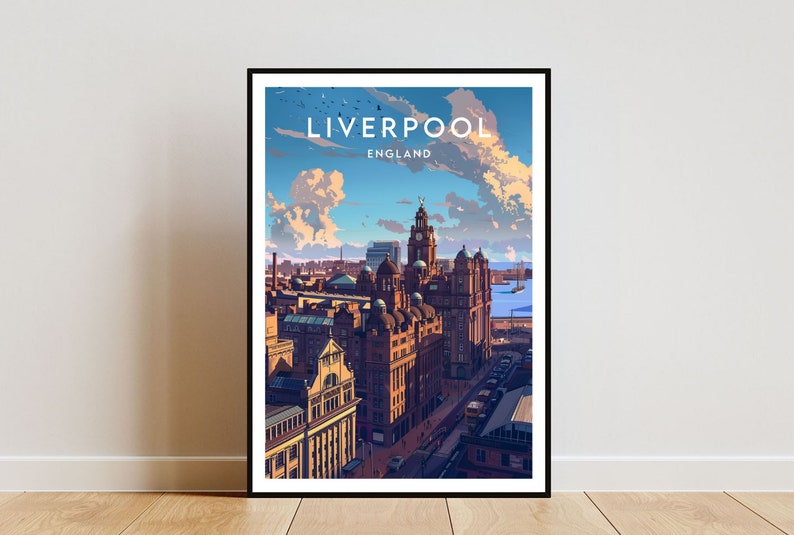 May include: Framed art print featuring a stylized illustration of Liverpool, England. The artwork depicts a cityscape with prominent buildings, a clock tower, and the text "LIVERPOOL ENGLAND" at the top. The color palette includes shades of brown, blue, and yellow.