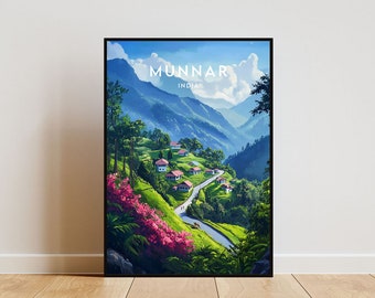 Puede incluir: Un póster panorámico que presenta un paisaje vibrante de Munnar, India. El póster representa un camino sinuoso que conduce a través de colinas verdes y exuberantes, salpicadas de pequeñas casas y flores rosadas vibrantes. El cielo es de un azul claro con nubes blancas y esponjosas.