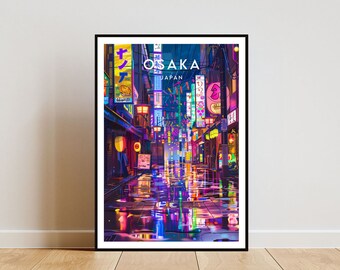 May include: A digital illustration of a street in Osaka, Japan. The street is lined with buildings and shops, and the street is wet from rain. The buildings are brightly lit with neon signs, and the street is reflected in the puddles on the ground.