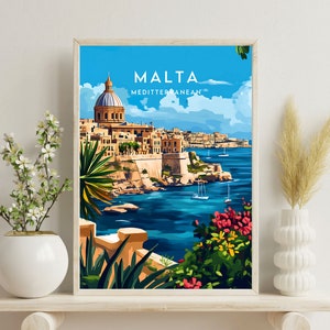 May include: A colorful illustration of a cityscape with a large church building in the center. The city is on a peninsula with a blue body of water surrounding it. The text "MALTA MEDITERRANEAN" is at the top of the image.