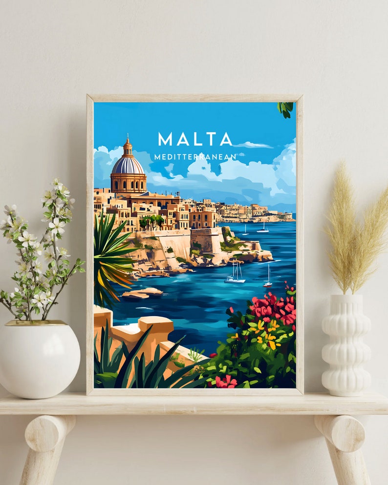 May include: A colorful illustration of a cityscape with a large church building in the center. The city is on a peninsula with a blue body of water surrounding it. The text "MALTA MEDITERRANEAN" is at the top of the image.