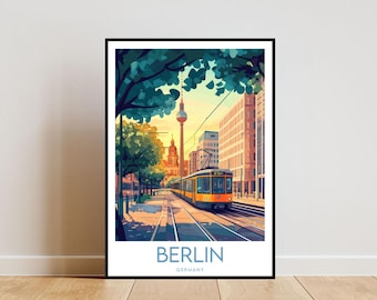 May include: A colourful illustration of a street scene in Berlin, Germany. The image features a yellow tram travelling down a street lined with trees and buildings. The iconic Fernsehturm tower is visible in the background.