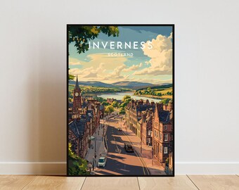 May include: A vintage travel poster featuring a scenic view of Inverness, Scotland. The poster depicts a street lined with buildings, a river, and a mountain range in the background. The text "INVERNESS SCOTLAND" is displayed at the top of the poster.