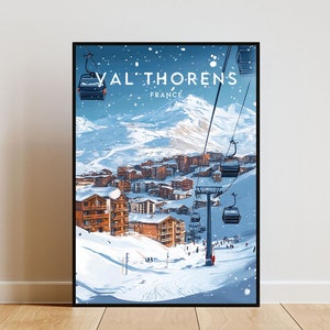 Könnte beinhalten: Eine farbenfrohe Illustration eines Skigebiets in Val Thorens, Frankreich. Das Bild zeigt eine schneebedeckte Berglandschaft mit einem Skilift und mehreren Gebäuden. Der Text "VAL THORENS FRANCE" ist oben im Bild zu sehen.