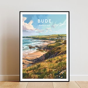 Bude Travel Print - Inglaterra, Cartel de Bude, Cartel de Inglaterra, Arte de pared de viaje, Impresión de Inglaterra, Inglaterra, Gran Bretaña, Bude, Impresión del Reino Unido, Cartel de Cornualles
