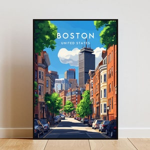 Puede incluir: Una ilustración colorida de una escena callejera en Boston, Massachusetts, EE. UU. La imagen presenta una calle bordeada de edificios de ladrillo, árboles verdes y coches aparcados. La Torre Prudential es visible en el fondo.