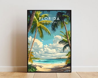 May include: A vintage travel poster featuring a beach scene with palm trees and a blue ocean. The poster has the text "FLORIDA UNITED STATES" at the top.