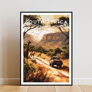 May include: A vintage travel poster depicting a scenic landscape of South Africa with giraffes, a jeep, and trees. The poster has a retro design with a brown, orange, and green colour scheme. The text "SOUTH AFRICA" is printed in white at the top of the poster.