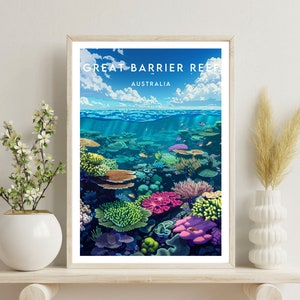 May include: A framed print of the Great Barrier Reef in Australia. The print shows a vibrant underwater scene with colorful coral and fish.