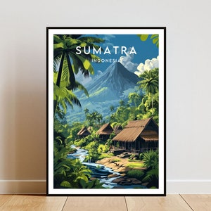 May include: Framed art print featuring a vibrant illustration of Sumatra, Indonesia. The artwork depicts a lush tropical landscape with a river, traditional huts, and a mountain under a blue sky. The word "SUMATRA" is at the top.