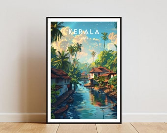 Puede incluir: Lámina artística enmarcada con una vibrante ilustración de Kerala, India. La obra representa una serena escena fluvial con casas tradicionales, palmeras y barcos. El texto "KERALA INDIA" se muestra en la parte superior.