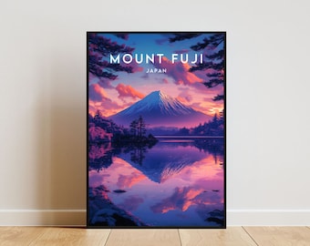 May include: A poster with a colorful illustration of Mount Fuji in Japan. The mountain is reflected in a lake with a pink and purple sky in the background. The text "MOUNT FUJI JAPAN" is at the top of the poster.