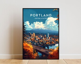 May include: A vintage-style travel poster featuring a colourful illustration of the Portland skyline with a mountain in the background. The text "PORTLAND" and "UNITED STATES" is printed in white on a blue sky background.