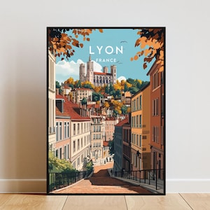 May include: A colourful illustration of a street in Lyon, France, with the Basilica of Notre-Dame de Fourvière in the background. The text "LYON FRANCE" is at the top of the image.