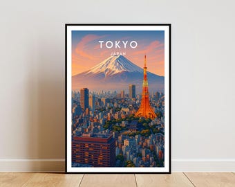 Könnte beinhalten: Ein gerahmter Kunstdruck mit einer Stadtansicht von Tokio, Japan, mit dem Berg Fuji im Hintergrund. Das Bild zeigt den Tokyo Tower und verschiedene Gebäude, mit den Worten "TOKYO" und "JAPAN" oben. Der Himmel hat einen Farbverlauf von Orange und Blau.