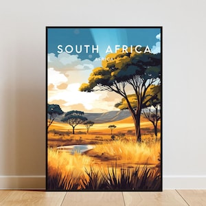 May include: A vintage travel poster design featuring a landscape of South Africa. The poster has a blue sky with white clouds, a large tree in the foreground, and a small body of water in the middle ground. The text "SOUTH AFRICA" is at the top of the poster, and the text "AFRICA" is below it.