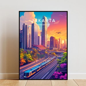 May include: A colourful illustration of the Jakarta skyline with a train travelling through the city. The text "JAKARTA INDONESIA" is at the top of the image.