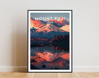 May include: A vintage travel poster featuring a scenic view of Mount Fuji in Japan. The mountain is reflected in a still lake with a forest in the foreground. The sky is a vibrant orange and pink with clouds. The text "MOUNT FUJI JAPAN" is printed at the top of the poster.