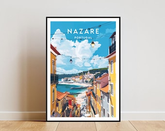 May include: A colorful illustration of a street scene in Nazare, Portugal. The image shows a narrow street lined with yellow buildings, with a view of the ocean and beach in the distance. The sky is blue with white clouds, and there are string lights strung across the street.