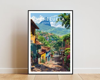 Puede incluir: Un cartel de viaje colorido con el texto "VENEZUELA AMÉRICA DEL SUR" y una representación de una escena callejera en un pueblo pequeño con edificios coloridos y vegetación exuberante.
