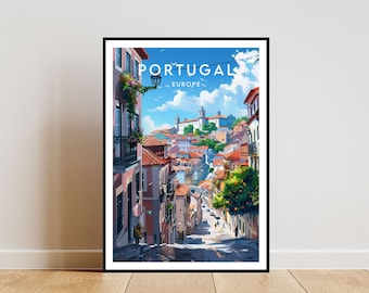 May include: A colorful illustration of a street scene in Portugal, featuring a narrow, cobblestone street lined with colorful buildings. The street slopes upward, leading to a view of a city skyline in the distance. The sky is blue with white clouds, and there are birds flying overhead. The text "PORTUGAL - EUROPE" is printed at the top of the image.