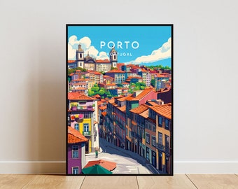 May include: A colorful illustration of the city of Porto, Portugal. The image shows a street lined with colorful buildings and a church in the background. The text "PORTO PORTUGAL" is at the top of the image.