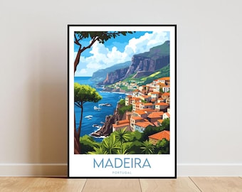 May include: A colorful illustration of a coastal town in Madeira, Portugal. The image features a hillside town with red-tiled roofs, a blue ocean, and lush green trees. The text "MADEIRA PORTUGAL" is at the bottom of the image.