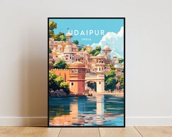 May include: A colorful illustration of the city of Udaipur, India. The image shows a cityscape with buildings, a lake, and a blue sky with white clouds. The text "UDAIPUR INDIA" is printed at the top of the image.