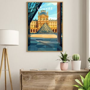 Puede incluir: Una ilustraci&oacute;n enmarcada del Museo del Louvre en Par&iacute;s, Francia. La imagen muestra la ic&oacute;nica pir&aacute;mide de vidrio frente al museo, con el texto "LOUVRE" encima.