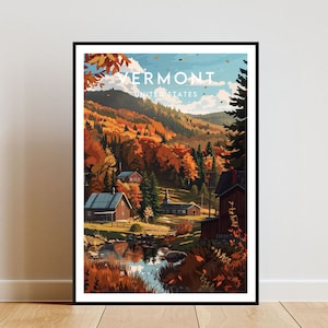 Vermont Travel Print - Estados Unidos, Cartel de Vermont, Cartel de América, Arte de la pared de viaje, Impresión de América, Vermont, EE.UU., Estados Unidos de América