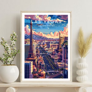 K&ouml;nnte beinhalten: Eine farbenfrohe Illustration der Skyline von Las Vegas, mit dem ikonischen Nachbau des Eiffelturms und anderen Sehensw&uuml;rdigkeiten. Der Himmel ist leuchtend blau mit fluffigen wei&szlig;en Wolken. Der Text "LAS VEGAS" und "UNITED STATES" ist oben im Bild zu sehen.