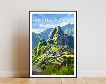 May include: A colorful illustration of Machu Picchu, an ancient Incan city located in the Andes Mountains of Peru. The image features a vibrant green landscape with stone buildings and terraces, set against a backdrop of blue sky and white clouds. The text "Machu Picchu, Peru" is displayed at the top of the image.