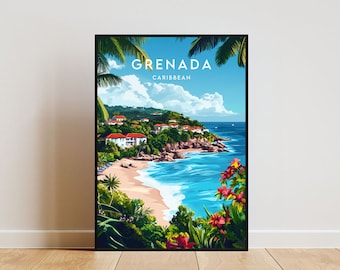 May include: A colorful travel poster with a tropical beach scene. The poster features a white beach, blue water, green palm trees, and a small town on a cliff. The text on the poster reads "GRENADA CARIBBEAN".
