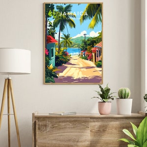 Op de afbeelding: Een kleurrijke illustratie van een tropische sc&egrave;ne in Jamaica. De afbeelding toont palmbomen, een onverharde weg en kleurrijke gebouwen. De tekst "Jamaica Caribbean" staat bovenaan de afbeelding.