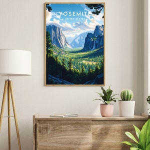May include: A vintage-style travel poster depicting a scenic view of Yosemite National Park in California, USA. The poster features a vibrant blue sky with fluffy white clouds, towering granite cliffs, a lush green valley, and a cascading waterfall. The text "Yosemite, United States" is printed in a bold, retro font.