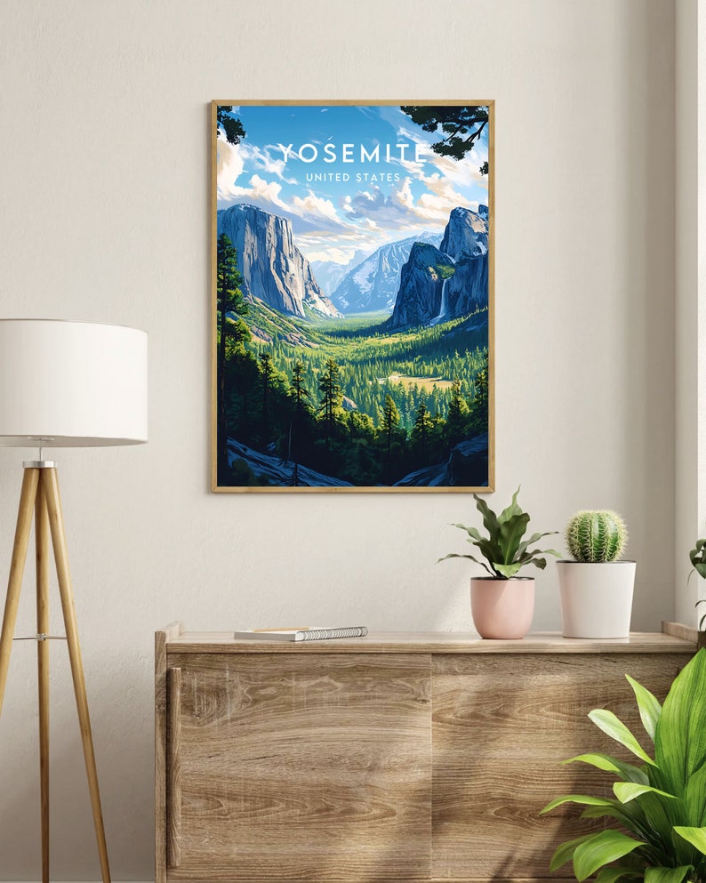 May include: A vintage-style travel poster depicting a scenic view of Yosemite National Park in California, USA. The poster features a vibrant blue sky with fluffy white clouds, towering granite cliffs, a lush green valley, and a cascading waterfall. The text "Yosemite, United States" is printed in a bold, retro font.