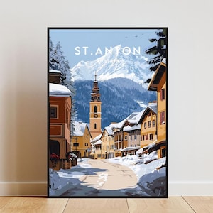 May include: A colorful illustration of a snowy village street scene with a church steeple in the center. The text "ST. ANTON" is at the top of the image.