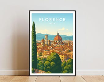 May include: A framed art print depicting Florence, Italy, with a stylized illustration of the city's skyline. The artwork shows the Duomo with its iconic dome, surrounded by buildings and greenery, under a blue sky. The word "FLORENCE" is at the top.