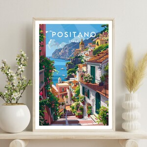 May include: A colorful illustration of Positano, Italy, with a view of the town's colorful buildings, winding streets, and the Mediterranean Sea. The text "Positano, Italy" is at the top of the image.