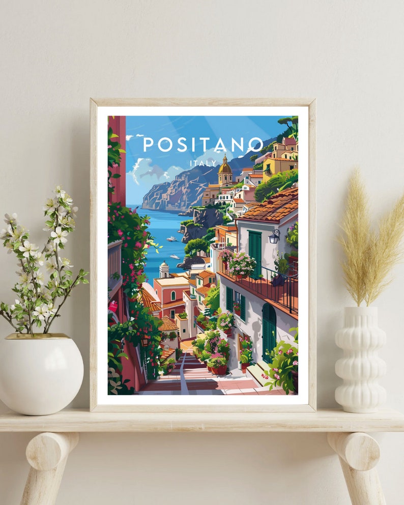 May include: A colorful illustration of Positano, Italy, with a view of the town's colorful buildings, winding streets, and the Mediterranean Sea. The text "Positano, Italy" is at the top of the image.