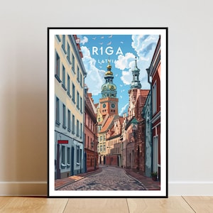 May include: A colorful illustration of a street scene in Riga, Latvia. The image features a tall, narrow building with a clock tower and a blue spire. The street is lined with colorful buildings and cobblestone pavement. The sky is blue with white clouds.