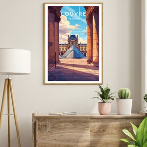May include: A vintage-style travel poster featuring the Louvre Museum in Paris, France. The poster has a blue sky with white clouds and shows the iconic glass pyramid in front of the museum. The text "LOUVRE FRANCE" is at the top of the poster.