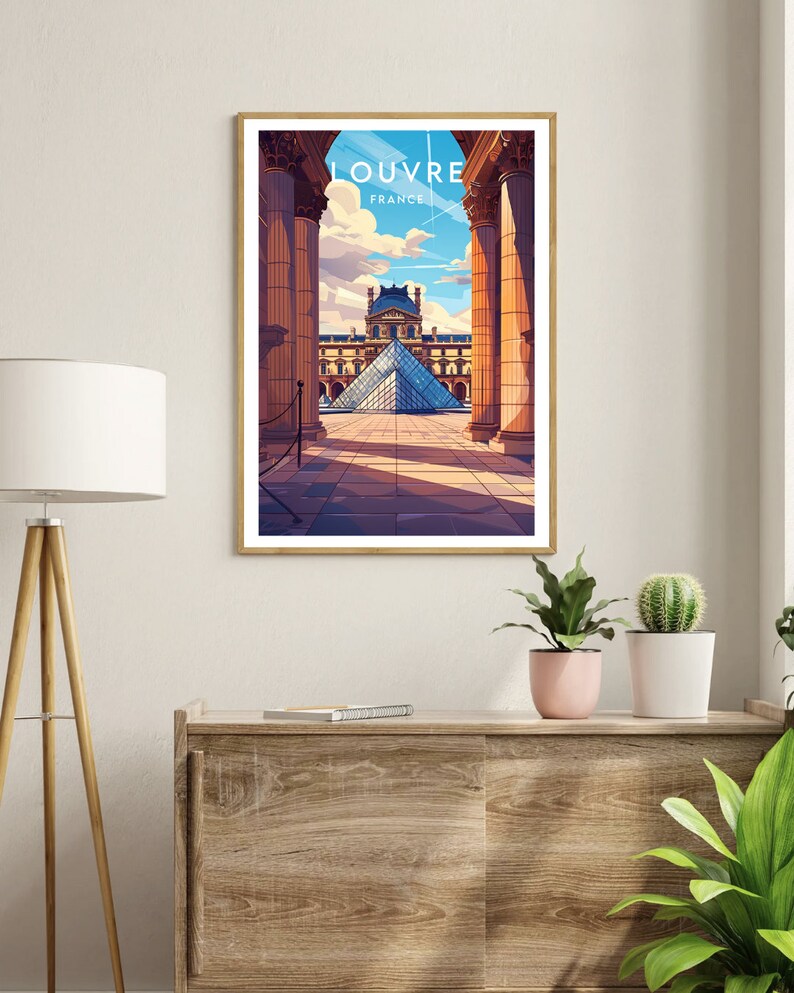 May include: A vintage-style travel poster featuring the Louvre Museum in Paris, France. The poster has a blue sky with white clouds and shows the iconic glass pyramid in front of the museum. The text "LOUVRE FRANCE" is at the top of the poster.