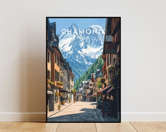 Może przedstawiać: Kolorowa ilustracja sceny ulicznej w Chamonix we Francji, z widokiem na ośnieżone góry w tle. Ulica jest wyłożona budynkami i sklepami, a ludzie spacerują.
