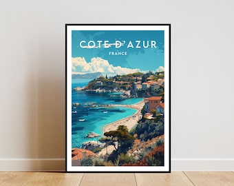 May include: A vintage travel poster featuring a scenic view of the French Riviera, with a turquoise blue bay, a sandy beach, and a hillside town with colorful buildings. The poster has the text "COTE D'AZUR FRANCE" at the top.
