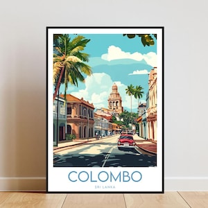 May include: A colourful illustration of a street scene in Colombo, Sri Lanka. The image features a tall building with a spire, palm trees, and a red car driving down the street. The text "COLOMBO" and "SRI LANKA" are printed at the bottom of the image.