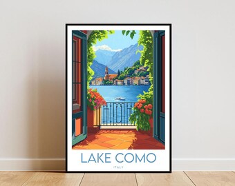 May include: A vintage travel poster depicting a view of Lake Como, Italy, seen through an open window with lush greenery and a blue lake. The poster features the text "LAKE COMO" and "ITALY" in white lettering.